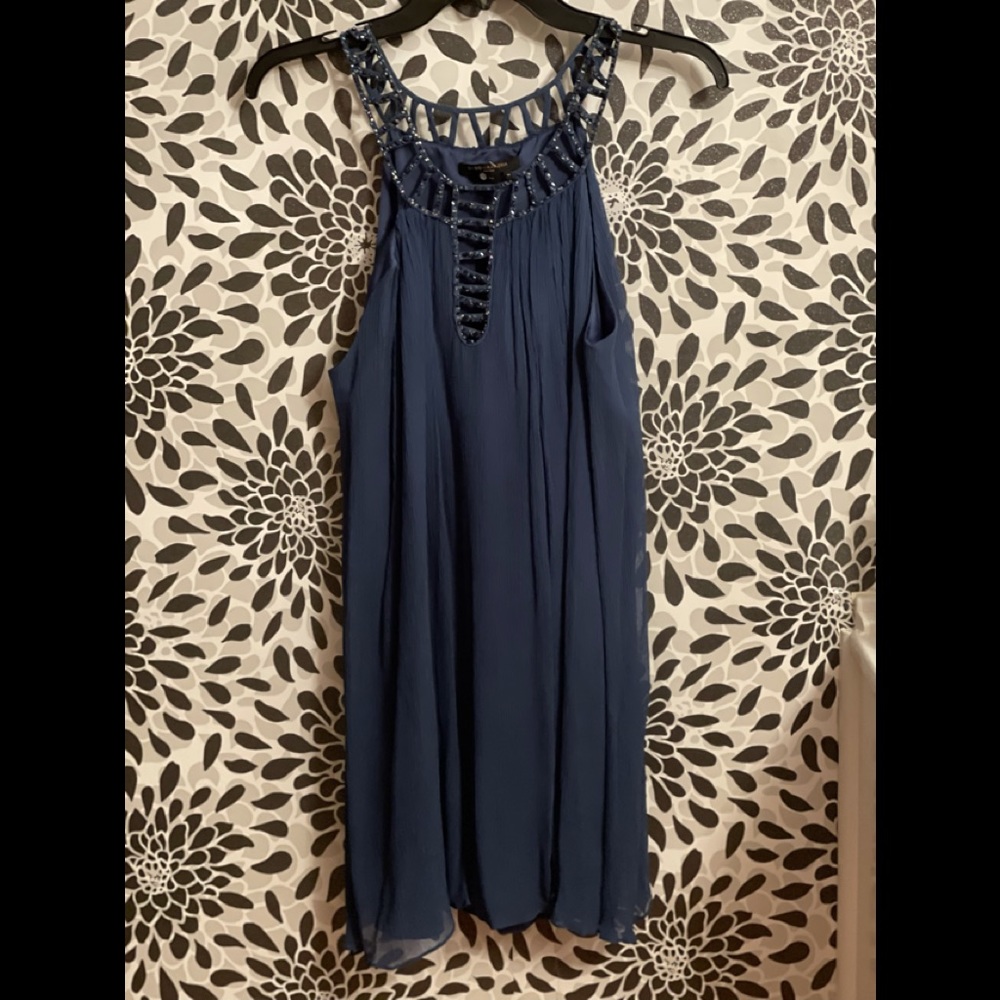 BCBG Maxazria Beautiful Shimmering Soft Blue Dress with Stunning Beaded Accents
